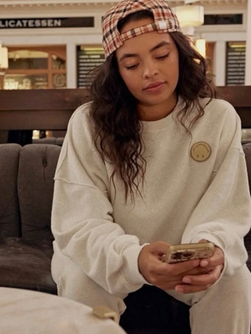 Aerie Cream Smiley Face Oversized Chill Cozy Crew Sweatshirt
